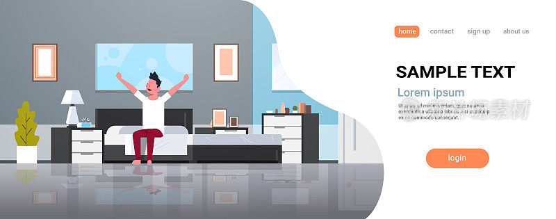 man stretching arms waking up in the morning young guy sitting on his bed after getting up satisfaction concept modern apartment bedroom interior flat copy space horizontal